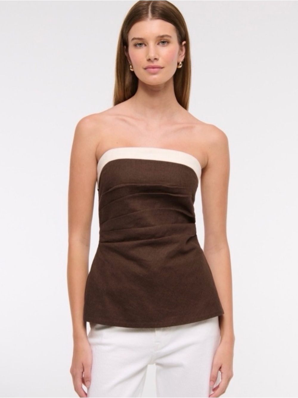 Abercrombie & Fitch Dark Brown and Cream Linen and cotton strapless top